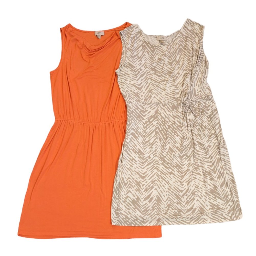 2 LOFT summer jersey knit sleeveless dresses - coral & neutral zebra print